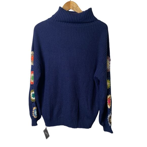 Zaful Women's Dark Blue Turtleneck Sweater with Crochet Sleeves Size Small - Picture 2 of 7